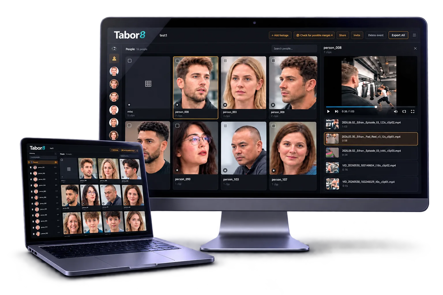 Tabor8 open on a desktop monitor: every face is its own folder, with one person's clips listed beside them